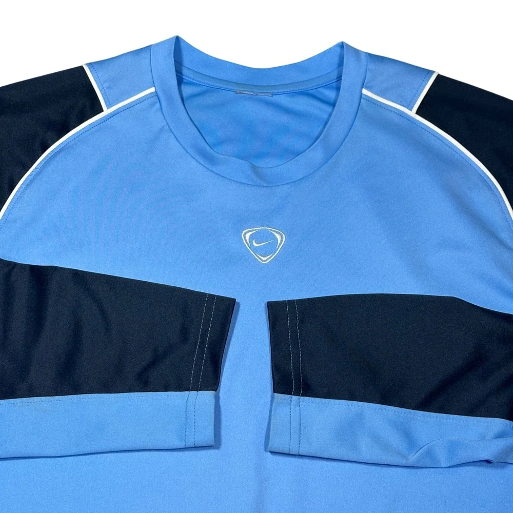 Y2K Nike Mens Long Sleeve Performance Shirt Blue Navy Colorblock Shield Logo XL